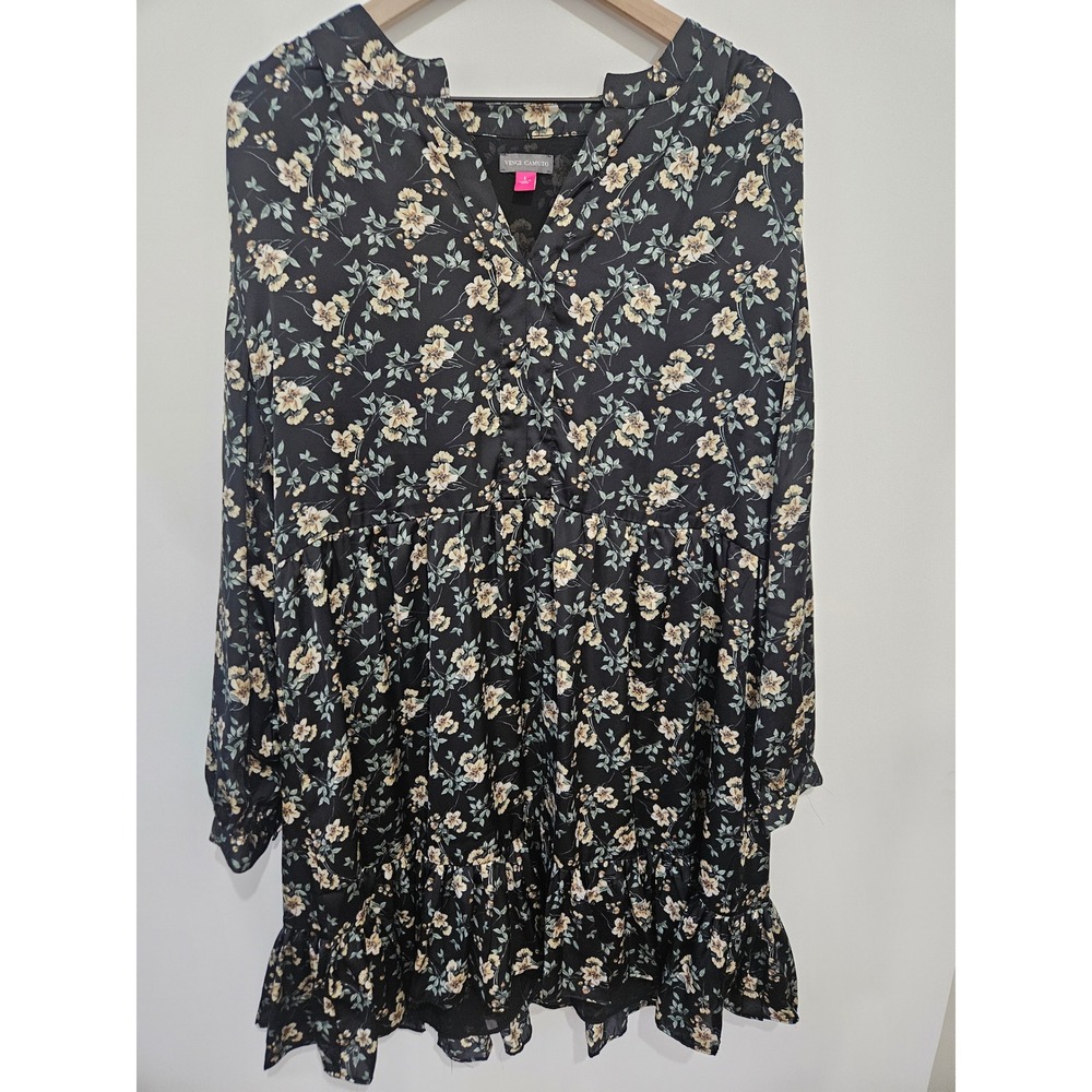Vince Camuto Black Floral Babydoll Mini Dress Long Sleeve Tiered Ruffle Large